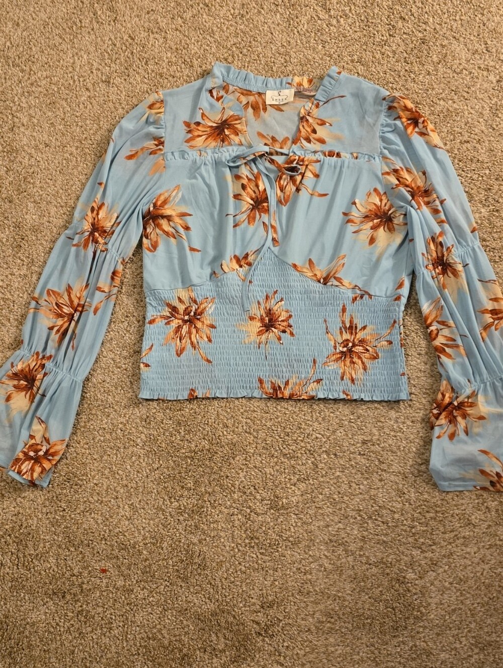 Blue Floral Tie-Neck Smocked Hem Blouse